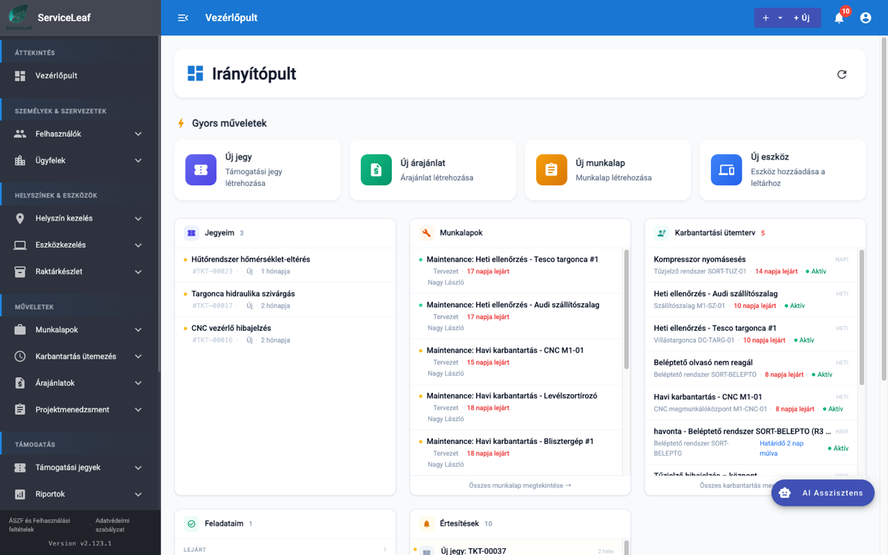 Irányítópult munkalapokkal, jegyekkel és gyorsműveletekkel a ServiceLeaf programban