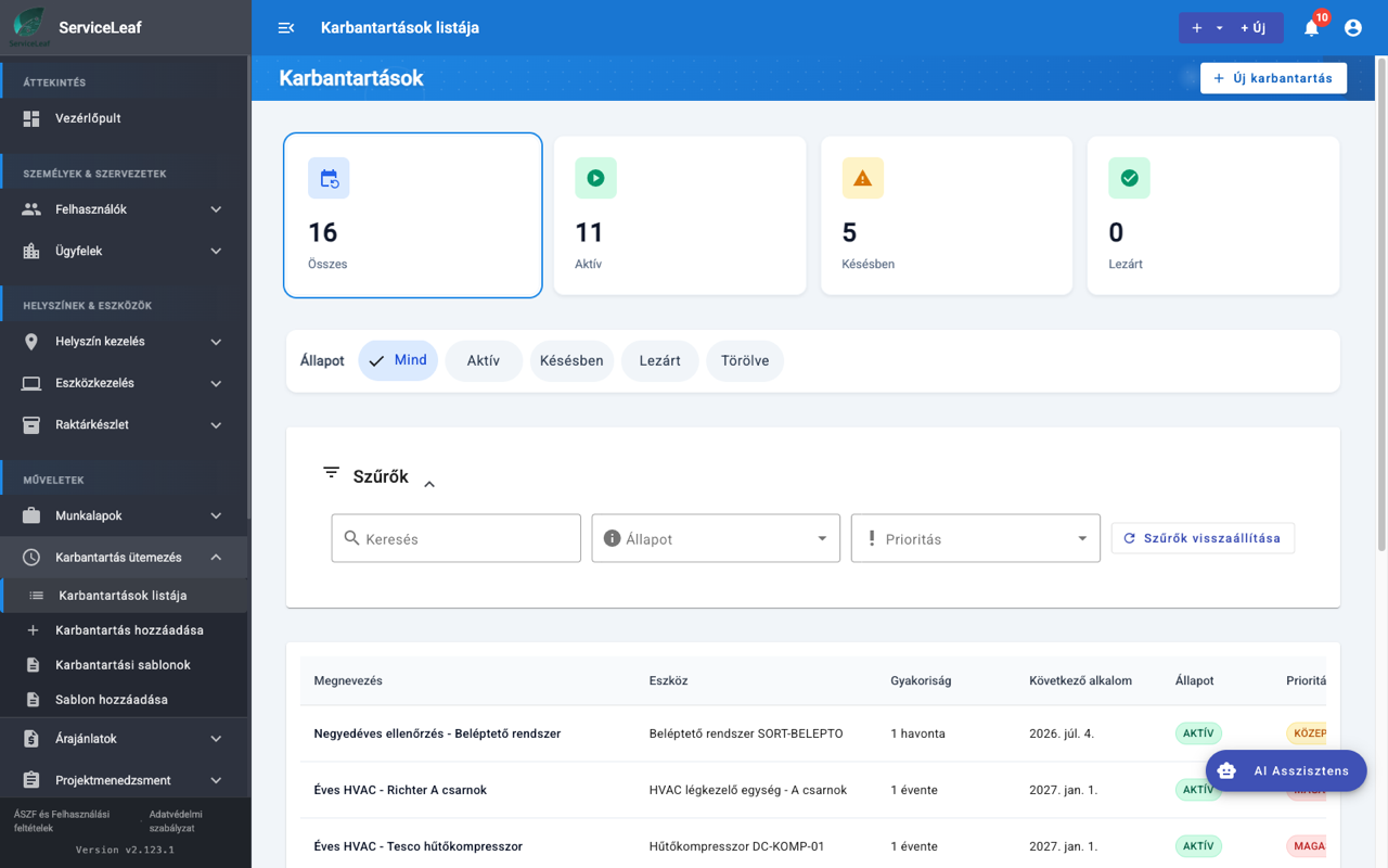 Karbantartás ütemezés és automatikus munkalap generálás a ServiceLeaf programban