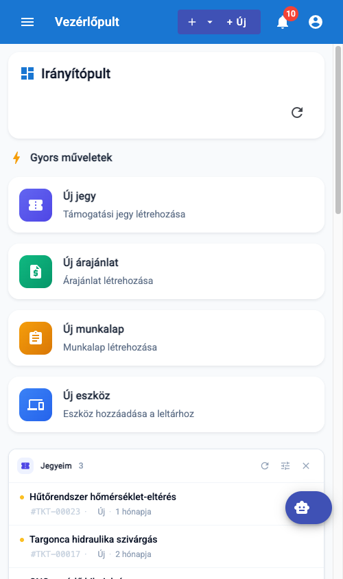 A ServiceLeaf munkalap program mobil kezdőképernyője új munkalap létrehozásával