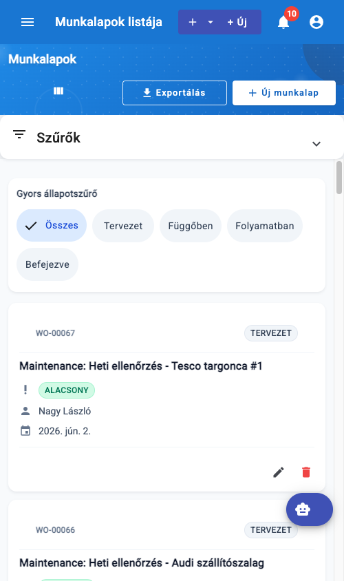 Karbantartási munkalap kitöltése mobilon a ServiceLeaf CMMS alkalmazásban