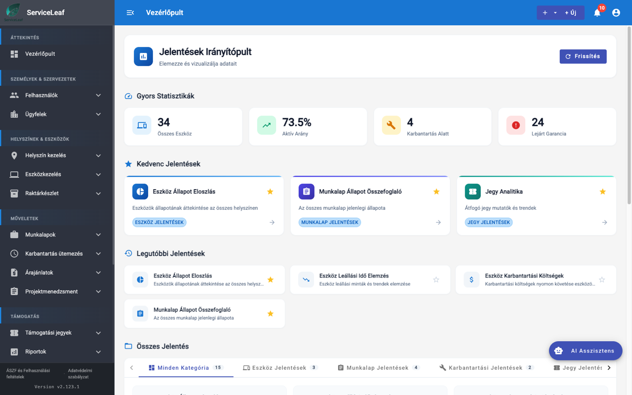 Karbantartási KPI riportok és kimutatások a ServiceLeaf CMMS rendszerben